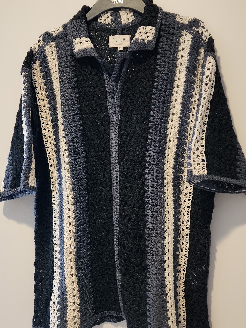 NWOT Men's Black and Gray Striped Crochet Polo Knit Shirt